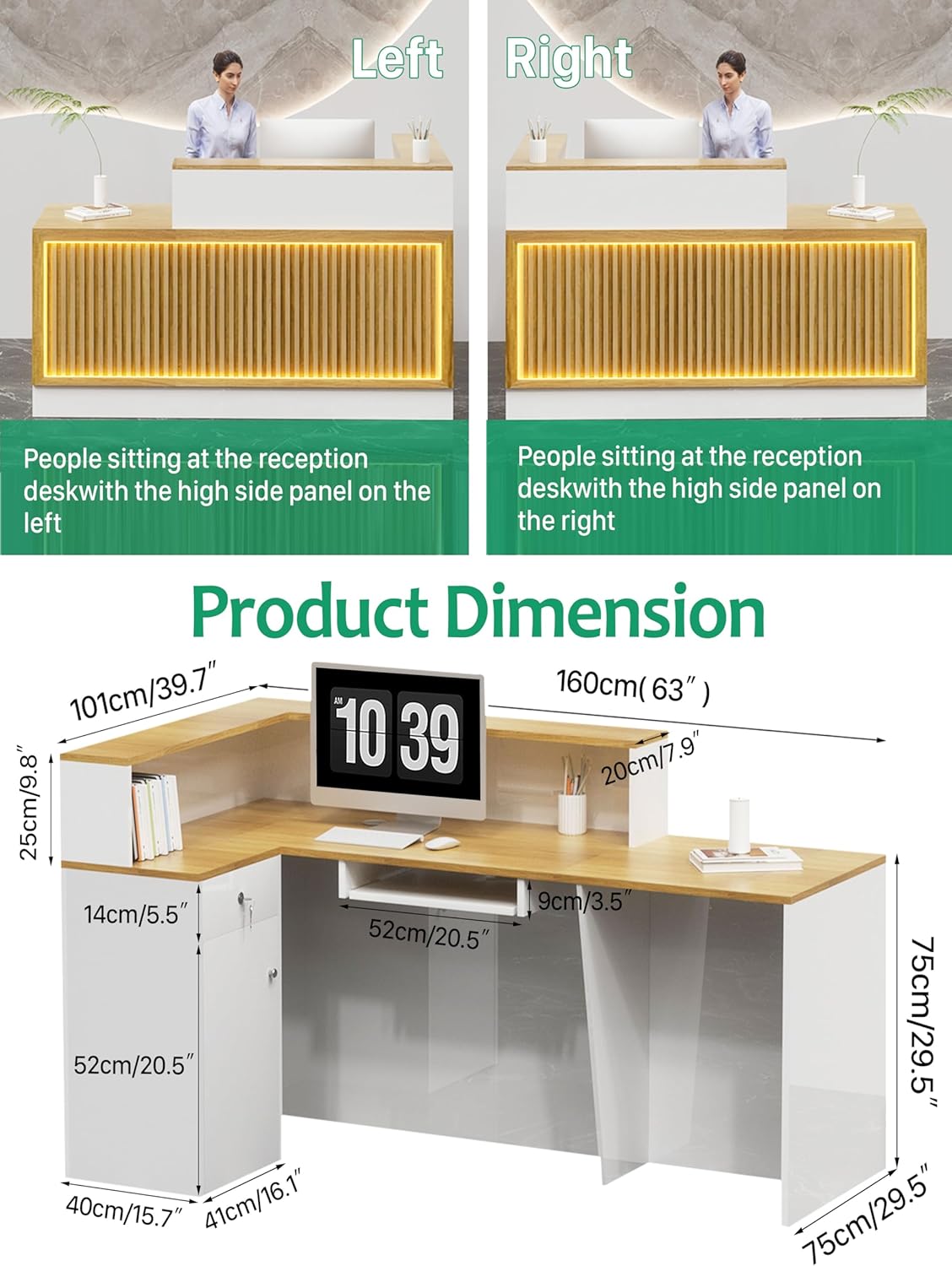 L Shaped Reception Desk, Solid Wood Front Desk with Counter & Lockable Drawers, Retail Checkout Customer 2 Person Secretary Desks for Home Office Lobby Store (70in,Left)
