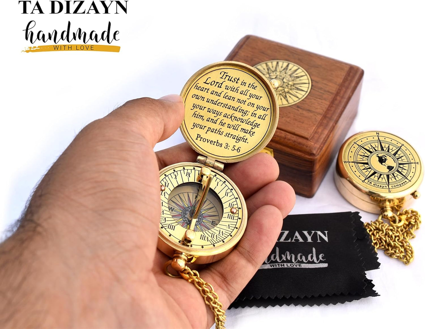 Trust in The Lord With All Your Heart - Proverbs 3:5-6 Quote Engraved Compass With Wooden Box, Greeting Card, Gift Compass, Graduation Day Gifts 2024 for Women Men Boys Girls