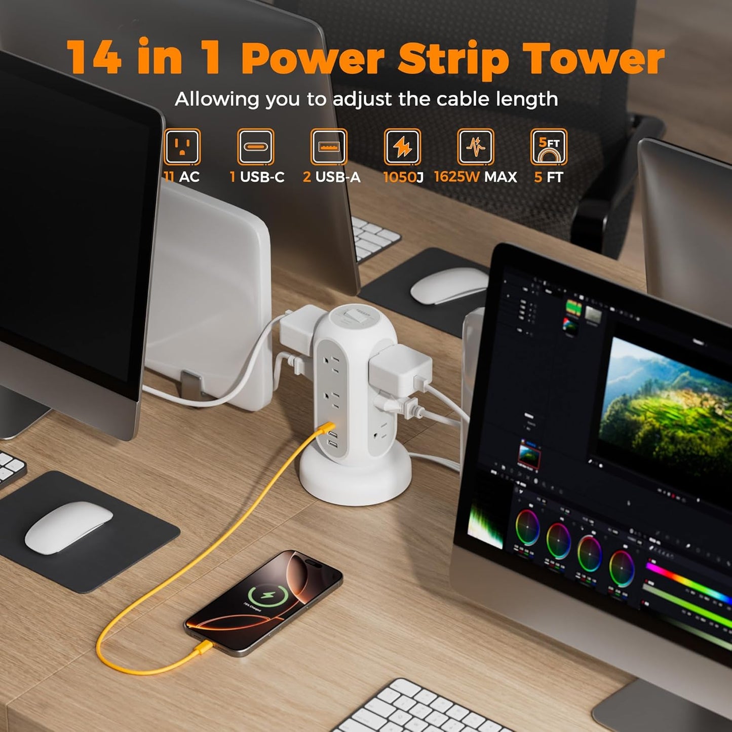 Surge Protector Power Strip Tower, TESSAN 5 FT Retractable Extension Cord with Multiple Outlets, 11 Outlets with 3 USB (1 USB C) Charging Station, 1050J, Office Desk Supplies, Dorm Essentials