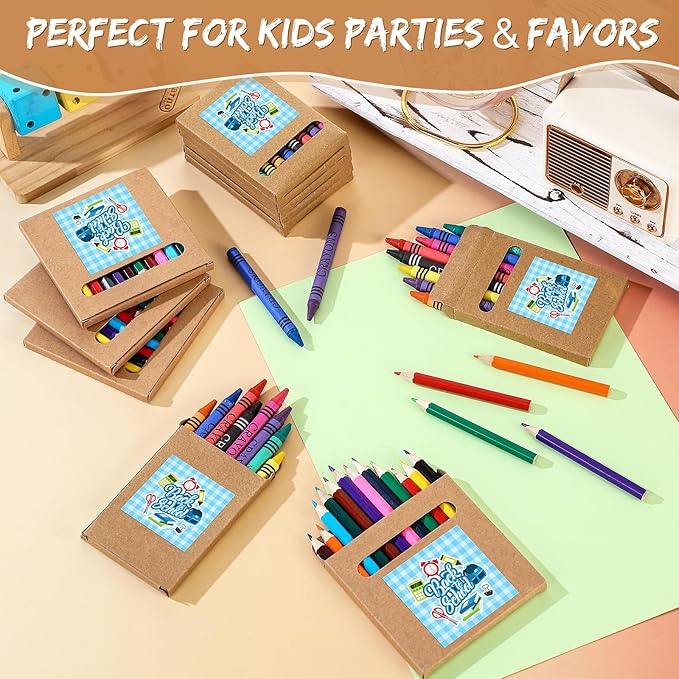 100 Sets Bulk Back to School Supplies, Colored Pencils Pre-Sharpened and Crayons Holiday Bundle in Box Mini Pencils Crayons Bulk Classroom Teacher Supplies, Cute Back to School Gifts