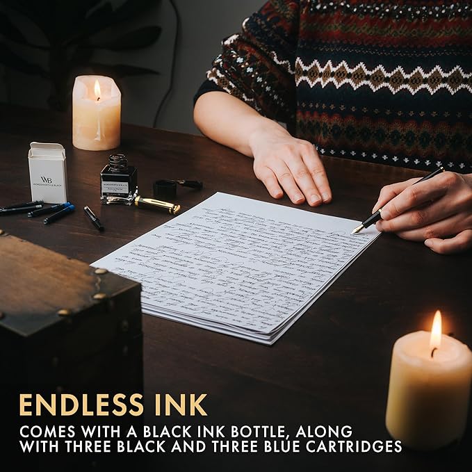 Wordsworth & Black Fountain Pen Set,18K Gilded Medium and Extra Fine Nib,25MLBlack Ink Bottle,6 Ink Cartridges,Refill Converter,Gift Box,Smooth Writing Pens [Black Gold],Gift Set for Men and Women