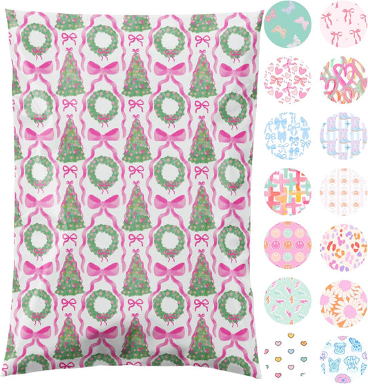 6x9 Designer Poly Mailer 100 Pack Heavy Duty Waterproof Self Seal Shipping Bags for Small Business Large Mailing Envelopes Bulk Tear Resistant Packaging Coquette Christmas Holiday Bows