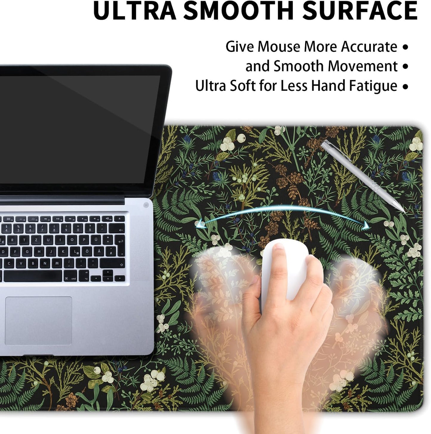 Black Aesthetic Vintage Botanical Gaming Mouse Pad XXL Cute Forest Green Plant Nature Floral Extended Large Mouse Pad Big Mousepad Non-Slip Stitched Edge Long Mat for Desk Office Computer,35.4x15.7 in