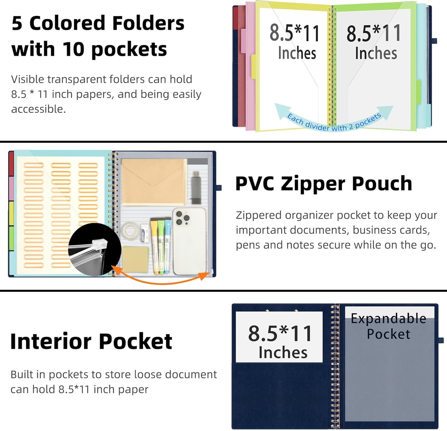 Ospelelf Leather Clipboard Folio with Notepad for Letter Size, Spiral Clipboard Folder with Storage Zipper Pouch, 5 Folders with 10 Pockets, 39 Divider Label Stickers, Pen Loop Series (Blue)