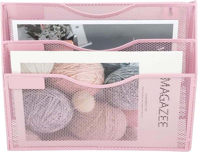 EASEPRES 3 Pocket Mesh Hanging Wall File Organizer, Wall Mounted Mail Paper Document Folder Holder, Clipboard Storage Organization Magazine Rack with Nametag Label for Office Home School, Pink