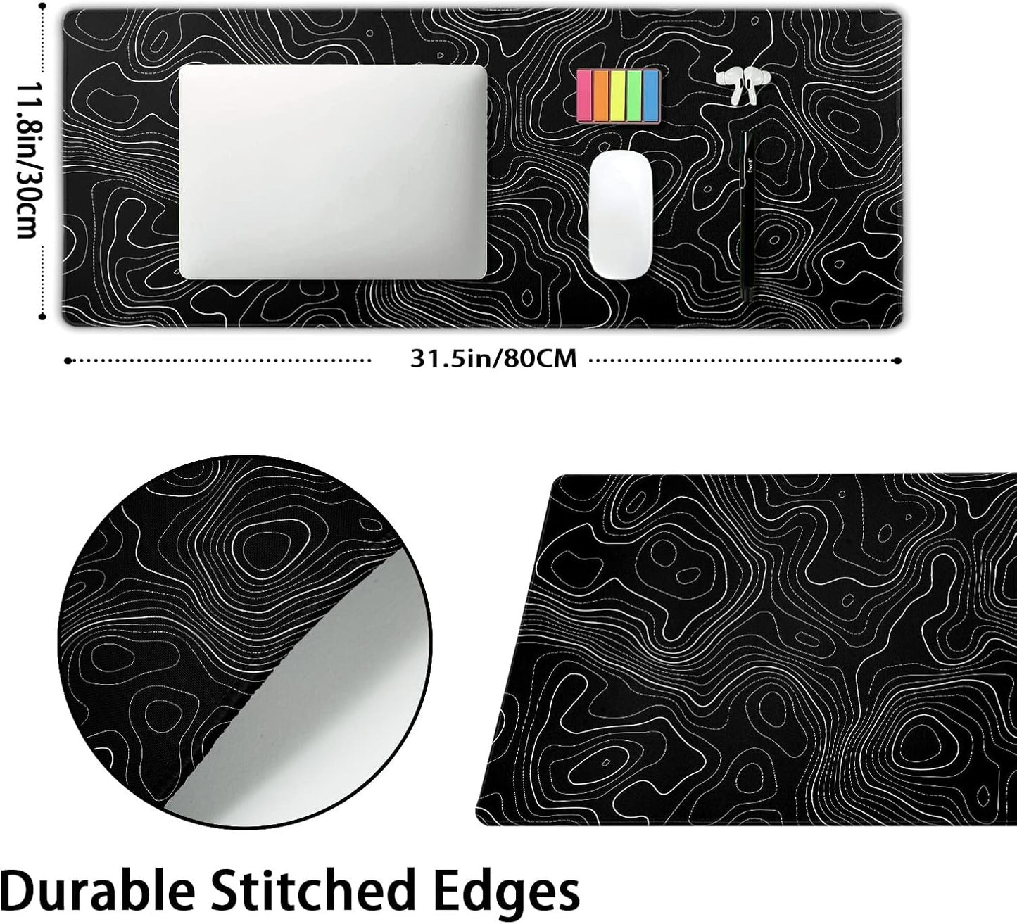 Topographic Contour Black Gaming Mouse Pad XL Topo Geographic Map Lines Extended Large Mouse Pad Big Desk Mat Non-Slip Rubber Base Stitched Edge Long Keyboard Playmat for Desk Computer,31.5×11.8 in
