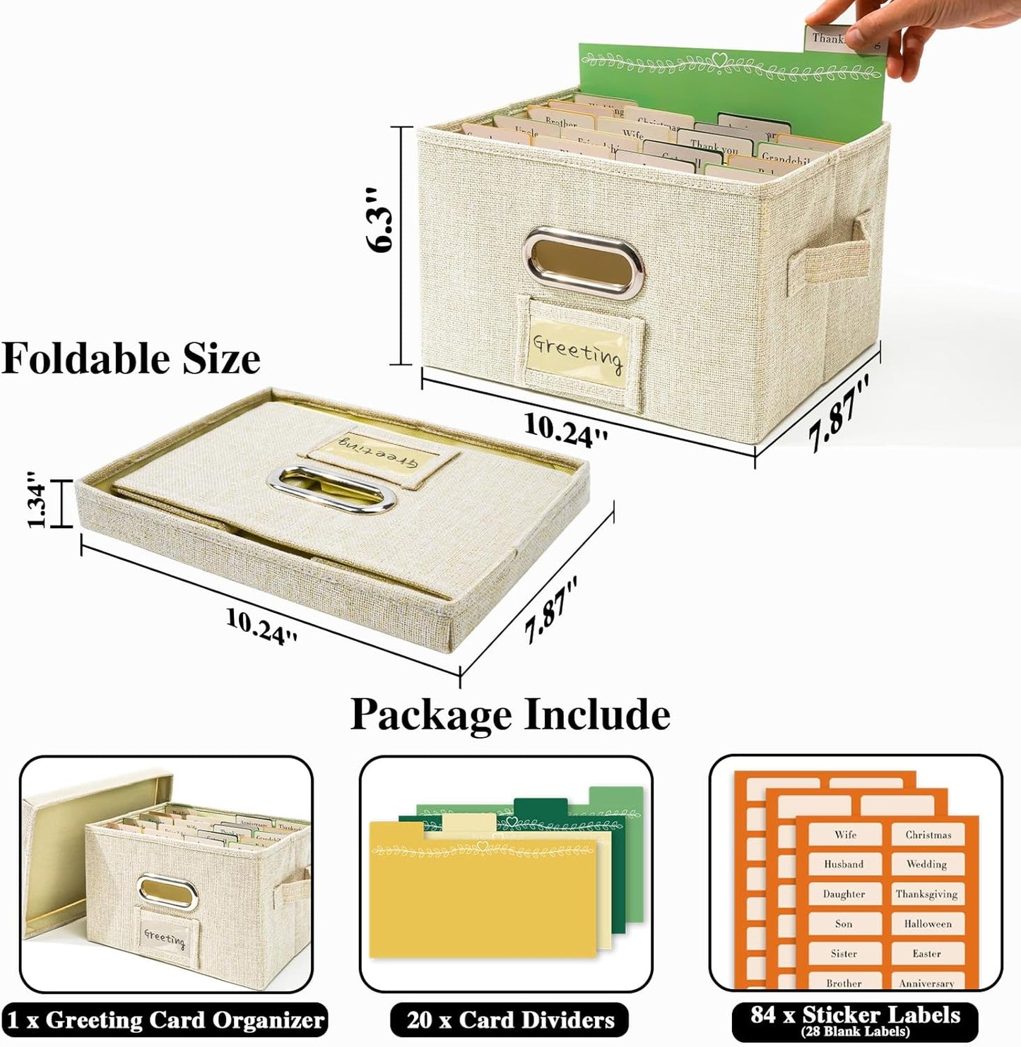 Vienrose Greeting Card Organizer 1 Pack, Storage Box with 20 Adjustable Dividers, Foldable Organizer Box Holds over 150 Cards, Storage Stickers Recipes Photos Envelopes Bills Vinyl Records, Beige