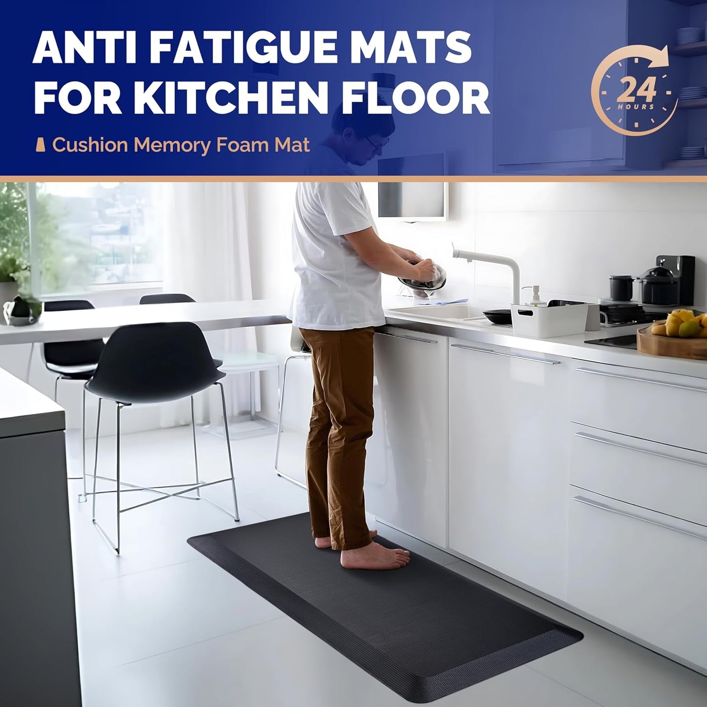 FEATOL Anti Fatigue Mat for Kitchen Floor, 9/10 Inch Thick Anti Fatigue Cushioned Floor Mat, Comfort Memory Foam Standing Padded for Sink, Kitchen, Home (Black, 24x70x9/10-Inch)