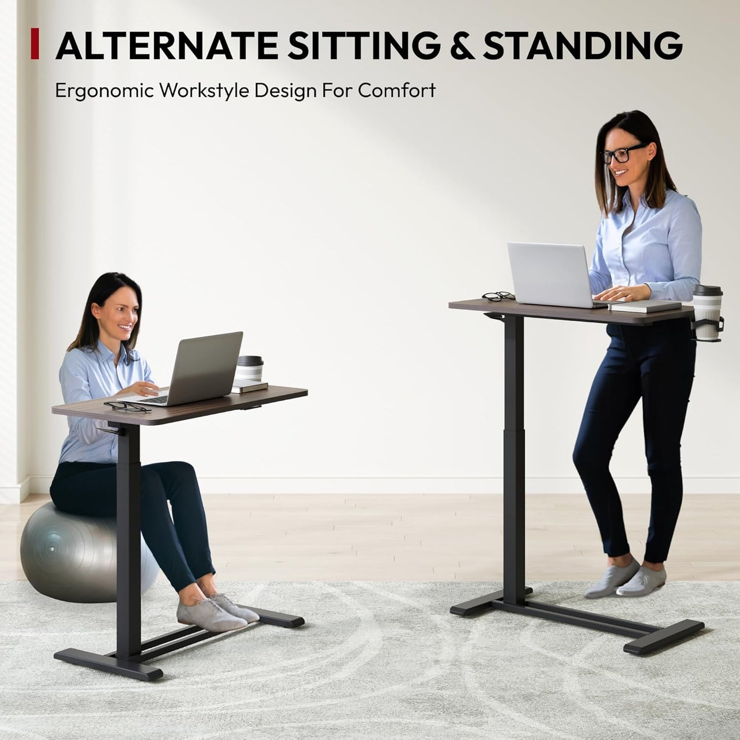 SANODESK Mobile Standing Desk with Hidden Wheels,Pneumatic Laptop Desk Rolling Computer Cart Movable Height Adjustable Small Sit Stand Desk for Home Office(27.6" W x 15.7" D, Maple)