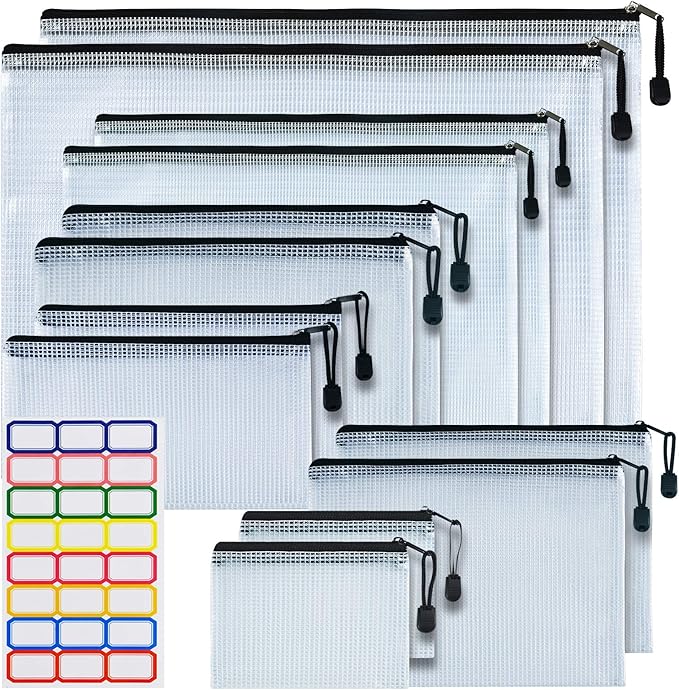 12 Pcs Plastic Mesh Zip File Bags, Waterproof Tear-Resistant Document File Folders, MultiSize Zipper Documents Pouch Organizer Bags for School Office Home Travel Storage(6 Sizes)