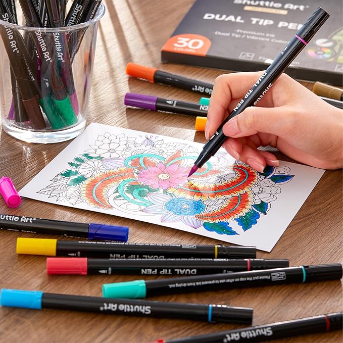 Shuttle Art Dual Tip Brush Marker Pens, 30 Colors Dual Tip Calligraphy Pens Fine and Brush Tip Markers Set, Water-based Ink Perfect for Kids Adult Artist Calligraphy Journal Doodling Writing