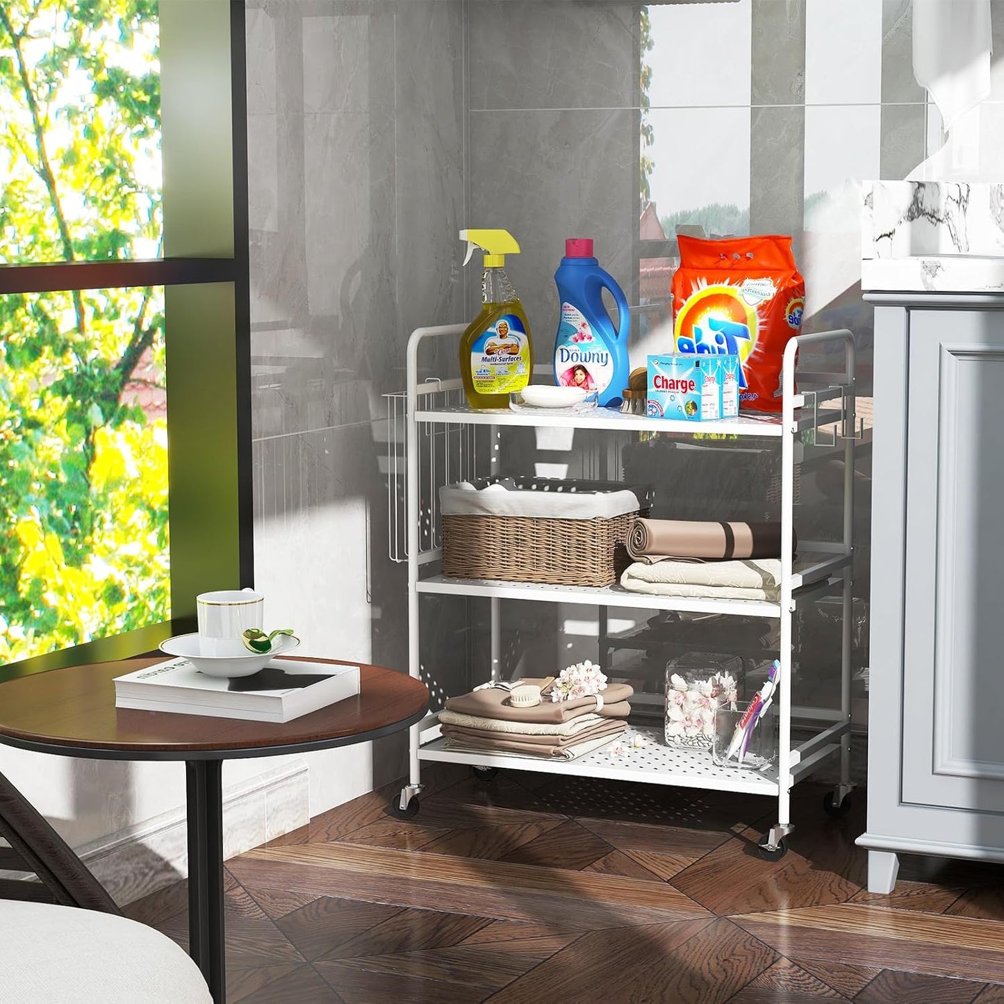 HDANI 3 Tier Metal Mesh Utility Cart,Large Capacity Multipurpose Heavy Vehicle,Rolling Trolley with to Hooks and One Basket(White)