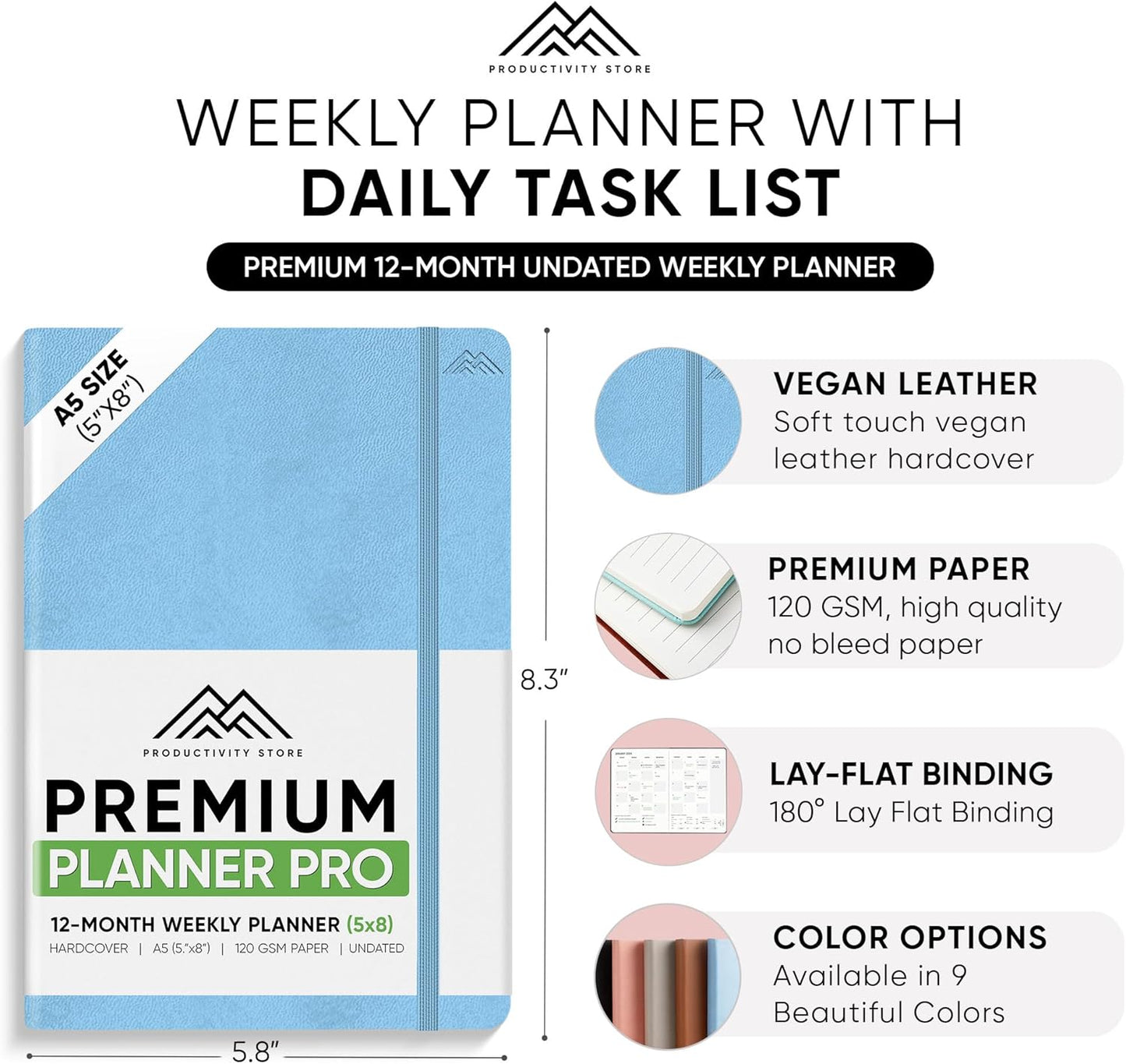 PRODUCTIVITY STORE Pro - Undated, 2025 Planner, 5.8” x 8.3” - The #1 Productivity Planner to Achieve Your 2025 Goals - Planner 2025-2026 - Blue - A5