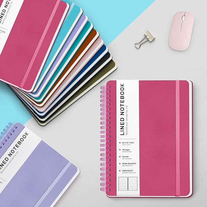 Lined Spiral Journal Notebook, A5 Hardcover Leather Notebook for Work, 5.7''×8.2'', 100GSM Thick Paper Spiral Bound Journaling Notebooks for Women & Men Office School Note Taking Business, Rose Red