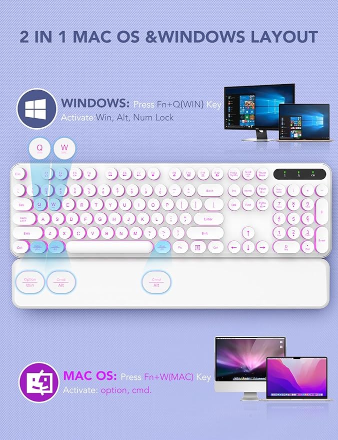 Wireless Keyboard and Mouse Backlit - Typewriter Keyboard with Retro Round Keycaps, Detachable Wrist Rest, Light Up Letters, 2.4G Rechargeable Combo for Mac, Windows, PC, Laptop, Trueque (White)