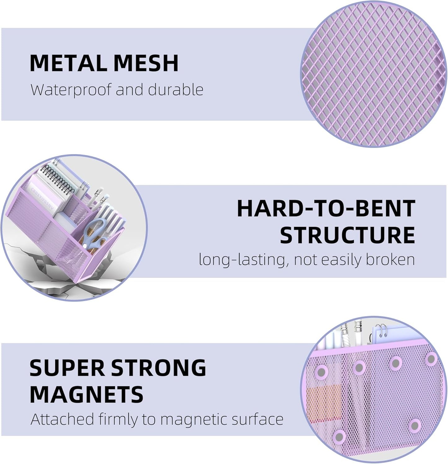 DALTACK Magnetic Pencil Holder - 3-Grid Mesh Shelf for Whiteboard, Refrigerator & Locker - Organizer for Home, School & Office, Purple