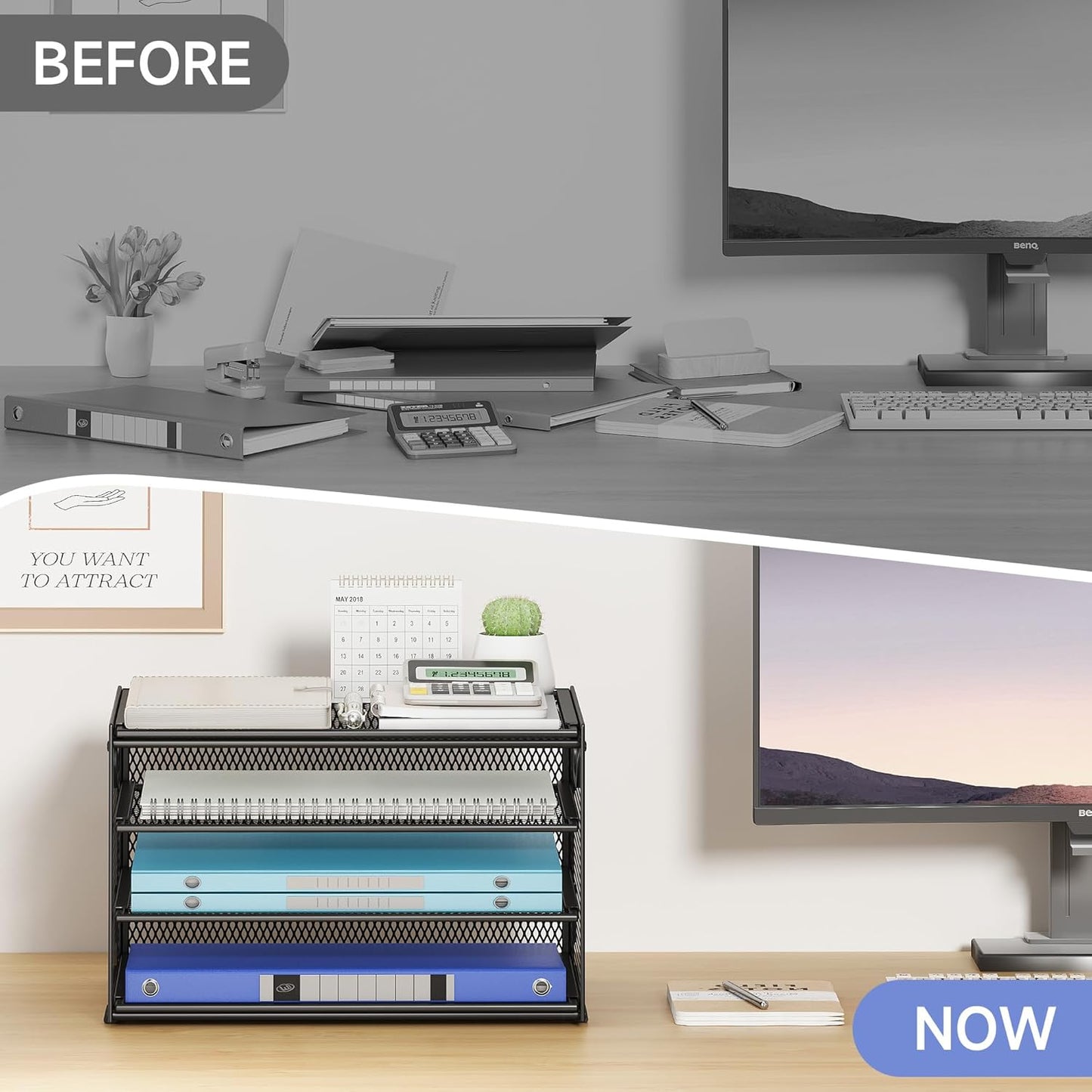 Subekyu Paper Letter Tray Organizer for Desk, Black Metal Mesh Desk File Sorter Organizer with Handle and 2 Sliding Trays for Home Office School Supplies Organization