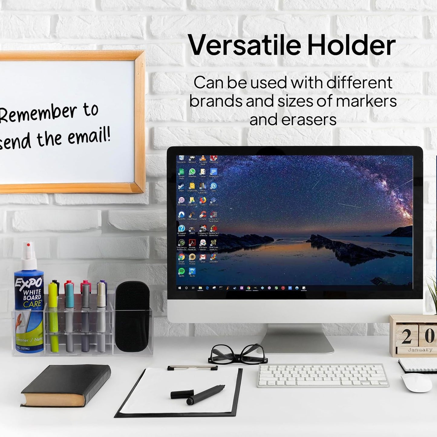 Strong Magnetic Dry Erase Marker Holder for Whiteboard, 8-Slot Acrylic Pen Organizer with Glass and Wall Mount Accessories for Fridge, Office, and Classroom. Markers, Eraser, Cleaner Not Included