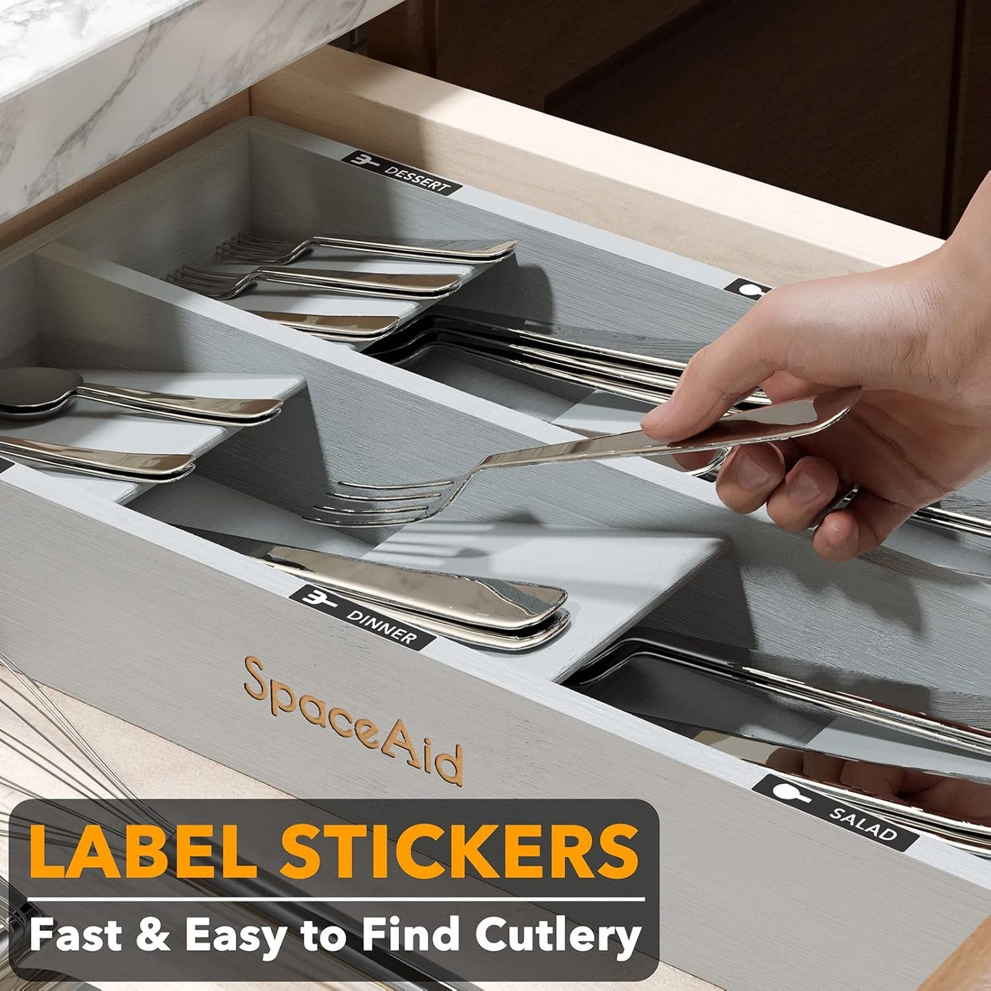 SpaceAid Bamboo Silverware Drawer Organizer with Labels, Kitchen Utensil Tray Holder Organizer for Flatware, Cutlery, Spoon and Knives Drawer Storage Organization (Gray, 6 Slots)