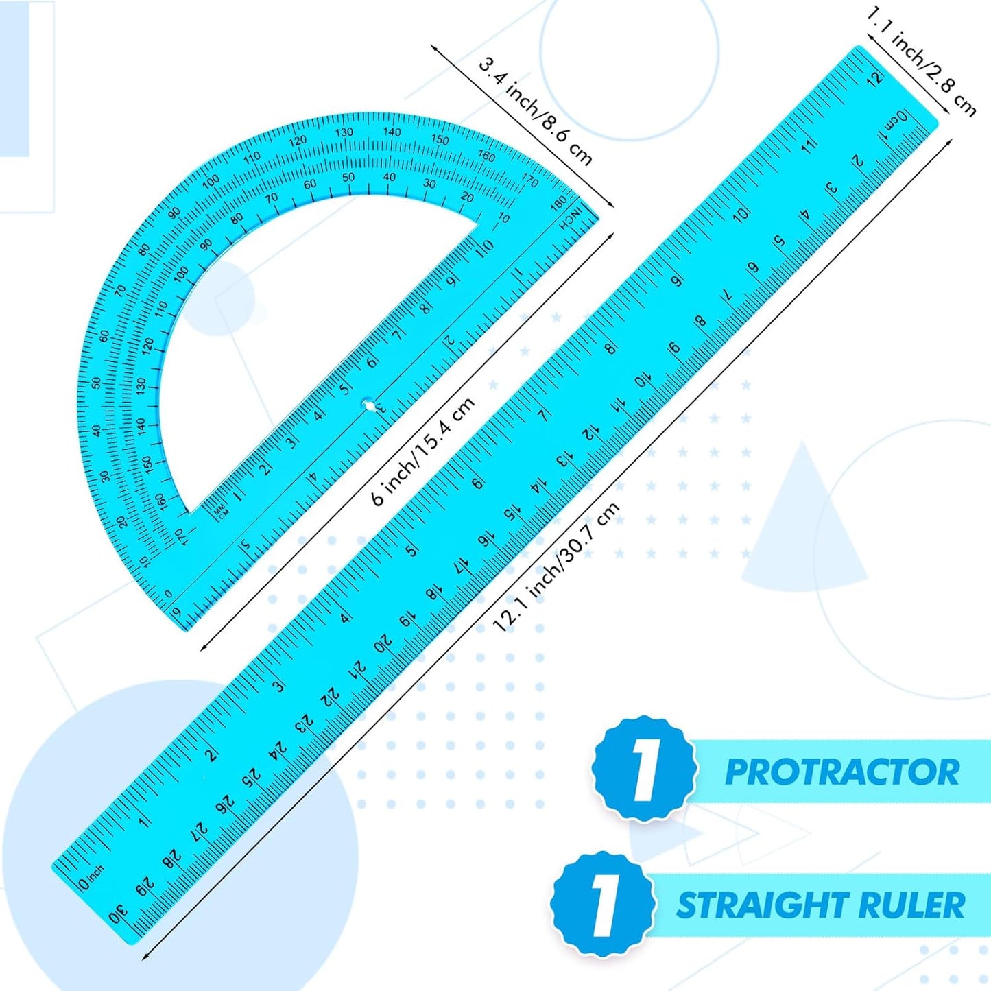 Zonon 2 Pack 12'' Plastic Ruler and 6'' Plastic Protractor Set Clear Ruler Protractor Set Math Geometry Supplies for School Classroom Home Office Drawing(Blue)