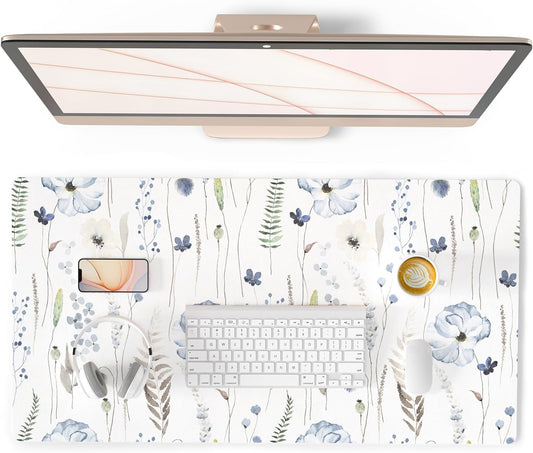 QIYI Large Mouse Pad for Desk, Floral Desk Mat for Desktop, Women Girls Office Décor Desk Accessories, PU Leather Waterproof Gaming Mousepad, Watercolor Flowers Desk Pad Computer Mat, 31.5" x 15.7"