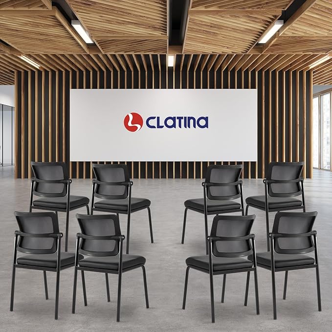 CLATINA Stacking Waiting Room Chairs, Adjustable Mesh Backrest Armless Office Guest Reception Chair with Leather Cushion and Ergonomic Lumbar Support for Conference Lobby Side School Classroom, 4PK