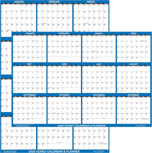 32" x 48" SwiftGlimpse 2026 Wall Calendar Erasable Large XL Wet & Dry Erase Laminated 12 Month Annual Yearly Wall Planner, Reversible, Navy