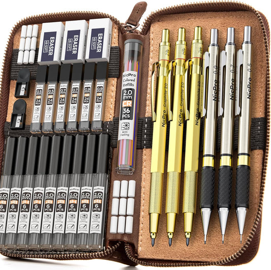 Nicpro 30PCS Art Mechanical Pencils Set in Leather Case, Gold Metal Drafting Pencil 0.5, 0.7, 0.9 mm, 2mm Lead Pencil Holder for Sketching Drawing With 16 Tube (6b 4B 2B HB 2H 4H Colors) Lead Refill