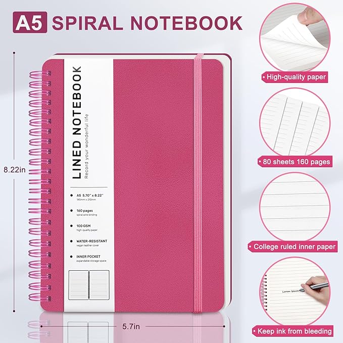 Lined Spiral Journal Notebook, A5 Hardcover Leather Notebook for Work, 5.7''×8.2'', 100GSM Thick Paper Spiral Bound Journaling Notebooks for Women & Men Office School Note Taking Business, Rose Red