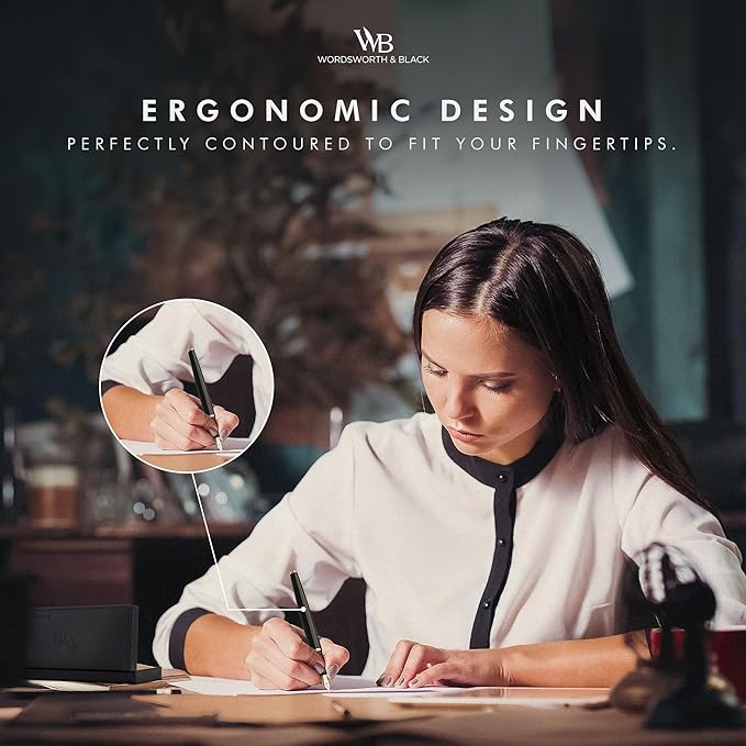 Wordsworth & Black Fountain Pen Set, Medium Nib, Includes 24 Ink Cartridges and Ink Refill Converter, Gift Case, Journaling, Calligraphy, Smooth Writing Pens [Black Chrome], Perfect for Men and Women