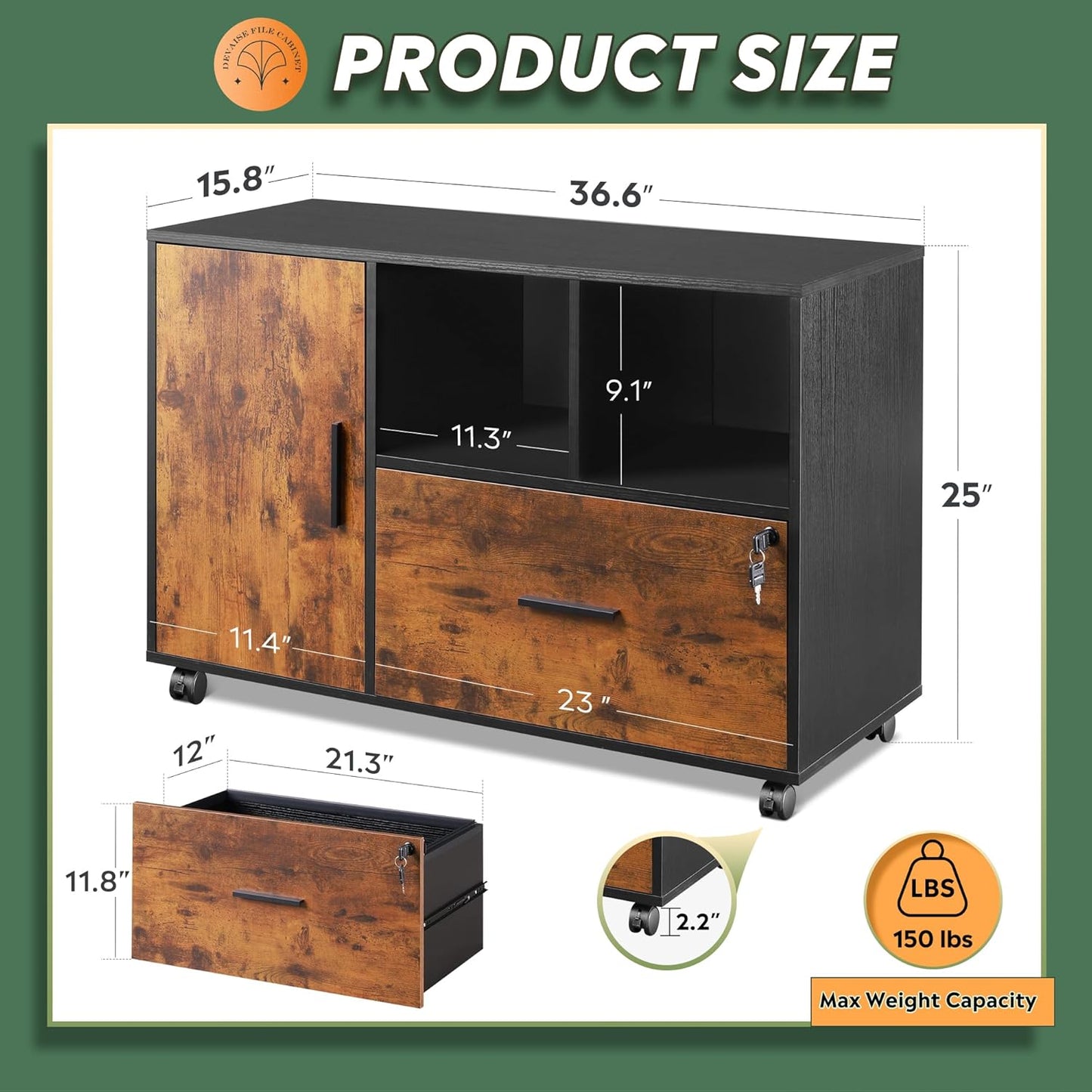 DEVAISE Lateral File Cabinet with Lock, 1-Drawer Rolling File Cabinets on Wheels for Home Office, Wood Printer Stand with Open Storage Shelf, Rustic Brown