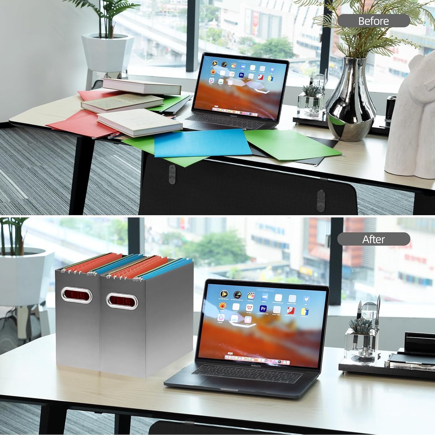 Oterri File Organizer, 4 Packs Small Storage Box, Cardboard File Folder Organizer, Collapsible File Box for Hanging File Folders Letter Size, Filing Organizer with Handle (Gradient Light gray)