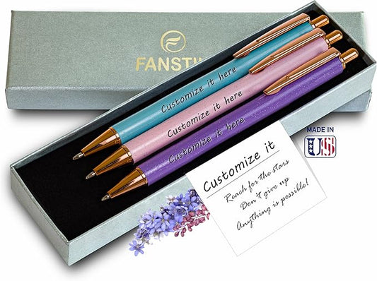 Customized BallPoint 3-pack pens set with name (MADE IN USA), Fancy Pen Set for Women, Thank you gift for woman, Luxury engraved pens personalized for women, (BallPoint Fancy Set)