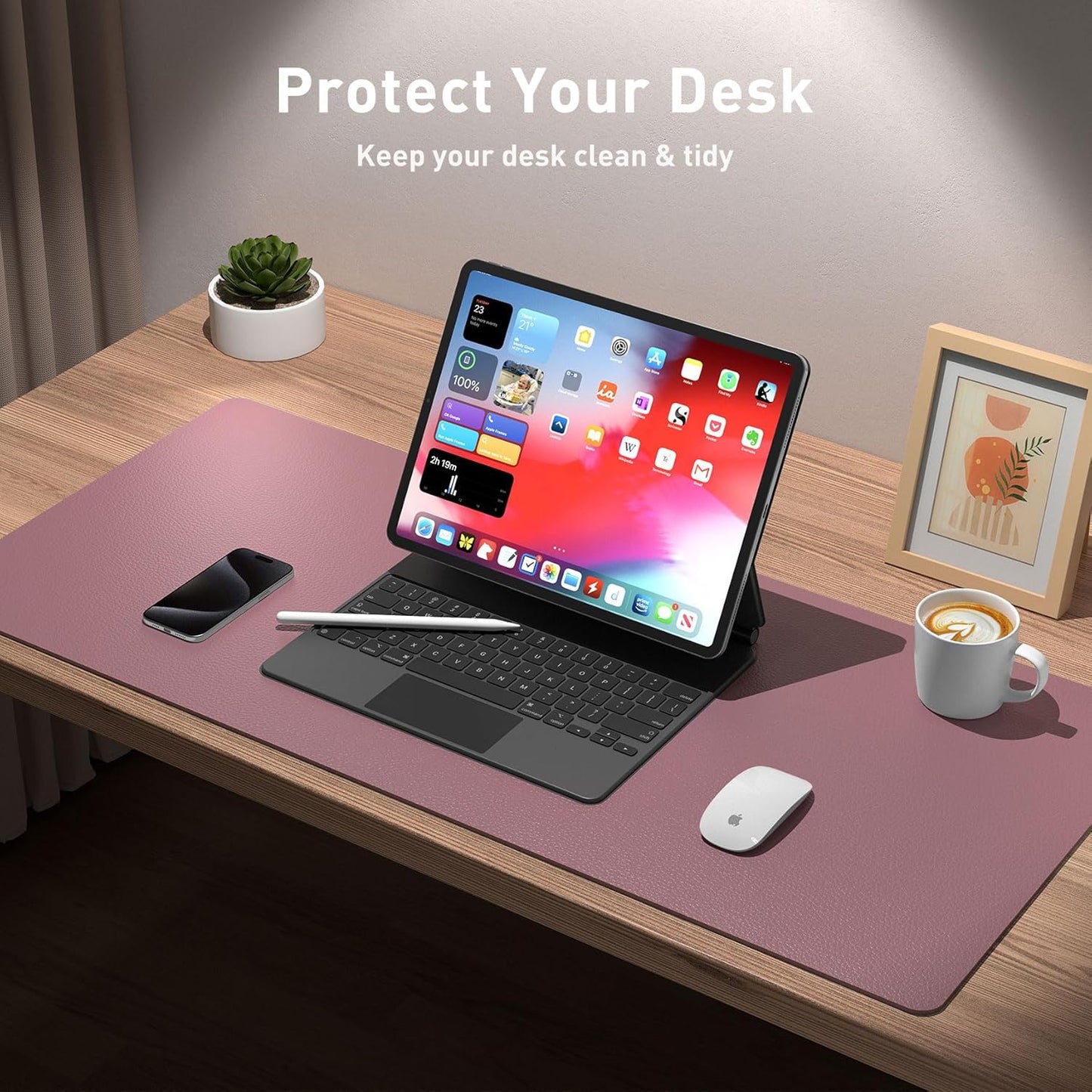 Aothia Leather Desk Pad Protector, Mouse Pad, Office Desk Mat, 31.5" x 15.7" Non-Slip PU Leather Desk Blotter, Laptop Desk Pad, Waterproof Desk Writing Pad for Office and Home (Dark Pink)