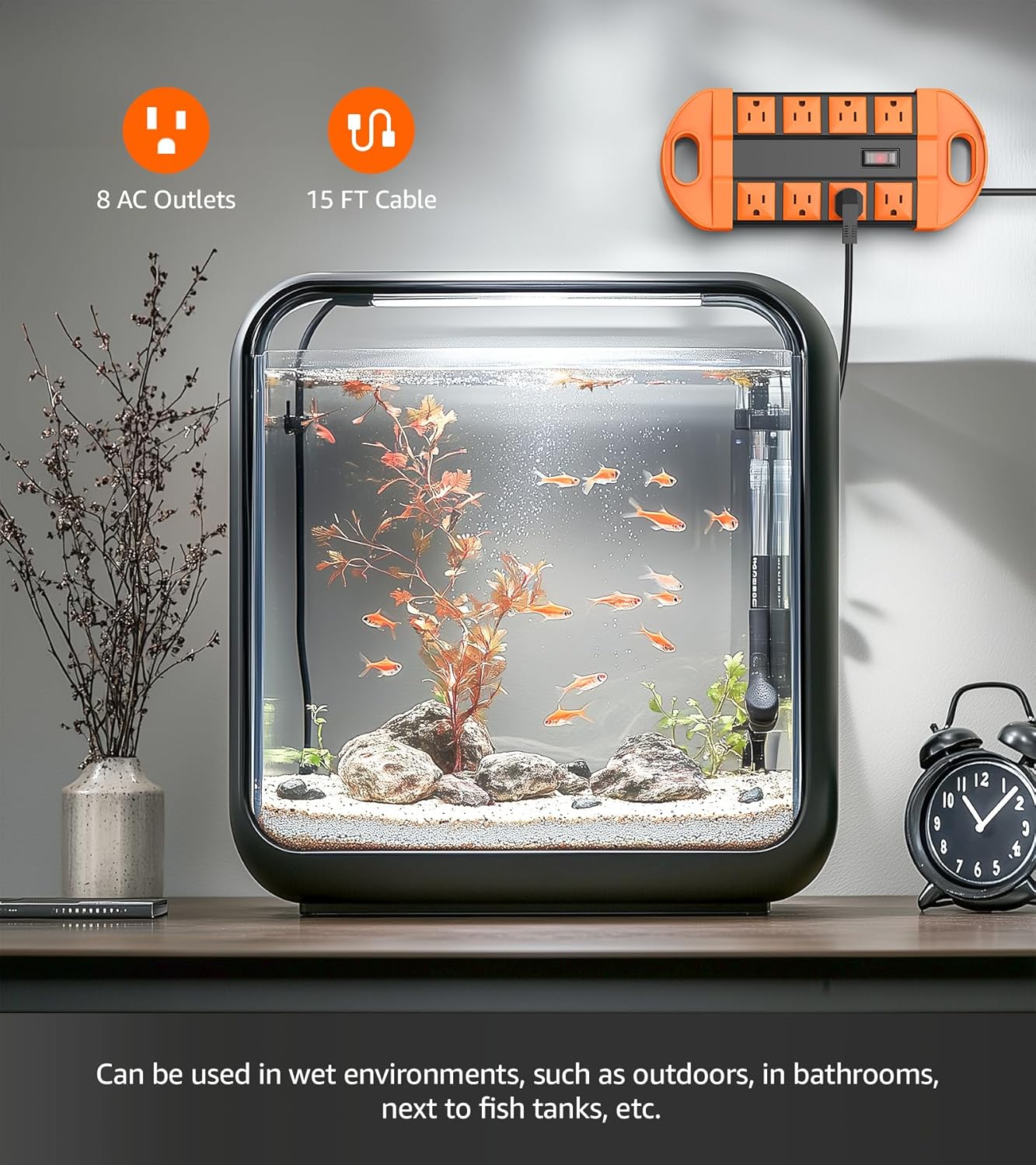 CCCEI Outdoor Power Strip Weatherproof with 8 Plug, Waterproof Extension Cord with Multiple Outlets, Christmas Exterior Garden Yard Surge Protector 15FT, Orange.