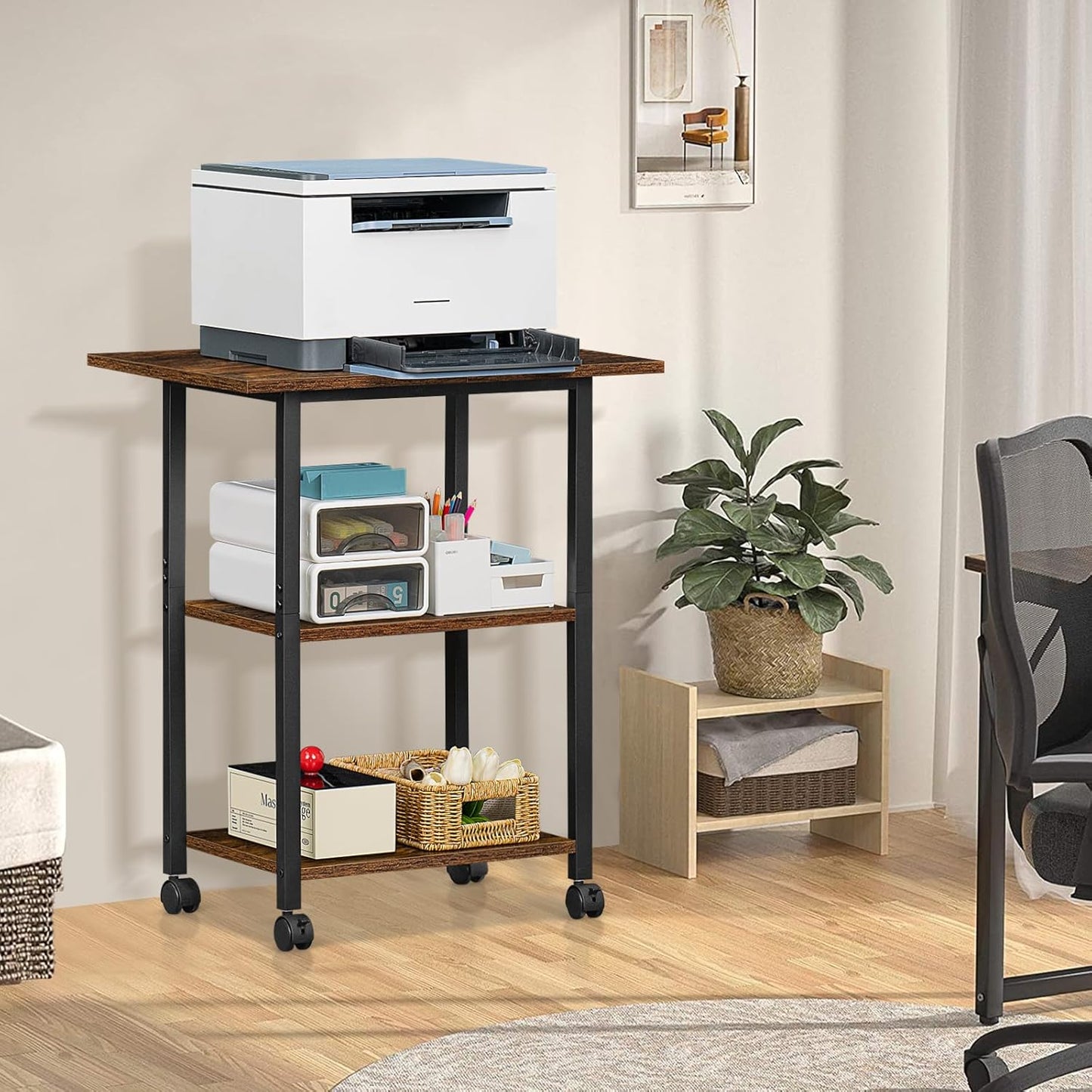 Lerliuo 3-Tier Printer Stand, Industrial Mobile Printer Table with Storage Shelf and Steel Frame, Rolling Printer Cart Holder with Lockable Wheels for Home, Office (Brown)