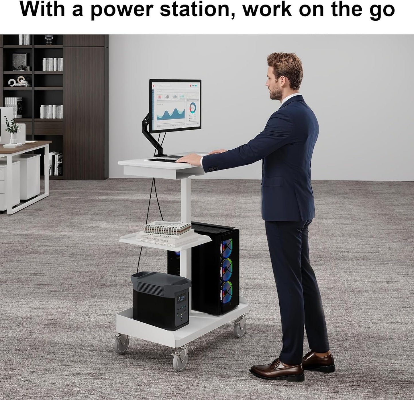 Natwind Mobile Workstation Cart with Monitor Mount,Height Adjustable Rolling Computer Cart, Heavy-Duty Rolling Standing Desk with CPU Holder for Home Office, School,Warehouse, Medical, Workshop