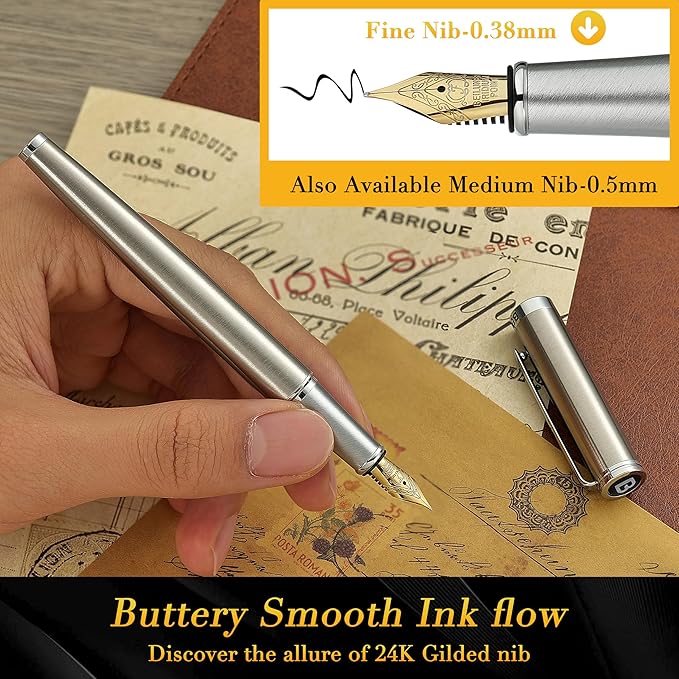 BEILUNER Luxury Fountain Pen Set, Solid 24K Gilded Fine Nib, Silver Stainless Steel Body- Includes 6 Ink Cartridges & Ink Refill Converter with Gift Case - Perfect for Men and Women