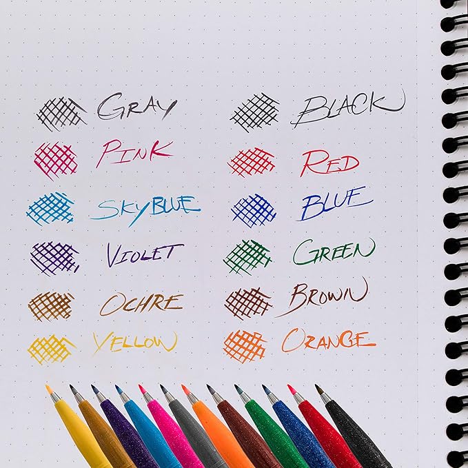 Pentel SES15CPC12 Sign Pen Brush Flexible Point Marker, Assorted, 12/Pack