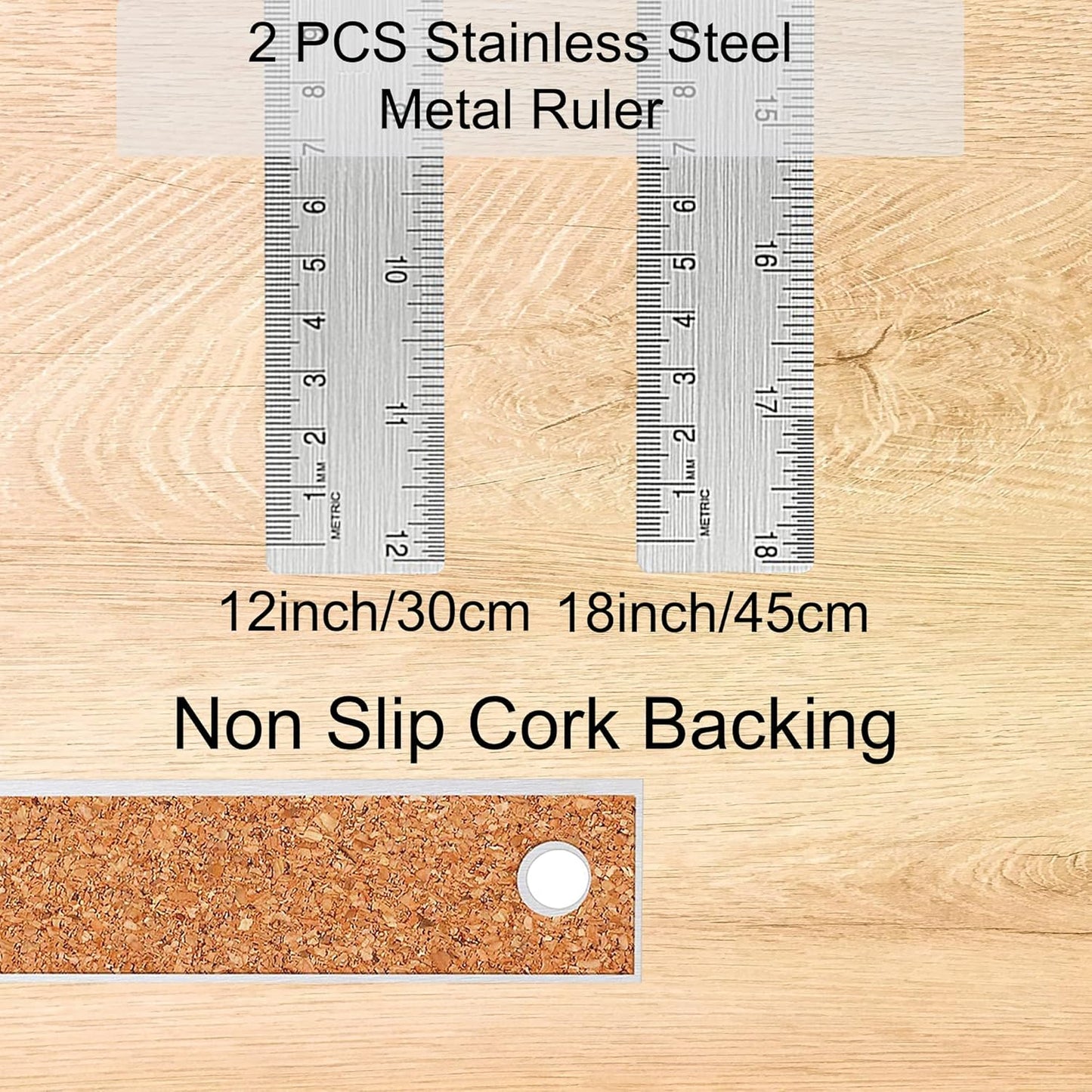 Metal Ruler with Cork Backing, 12 Inch & 18 Inch Stainless Steel Rulers, Non-Slip Straight Edge Measuring Tools with Inch and Centimeter Markings for School, Office, Woodworking