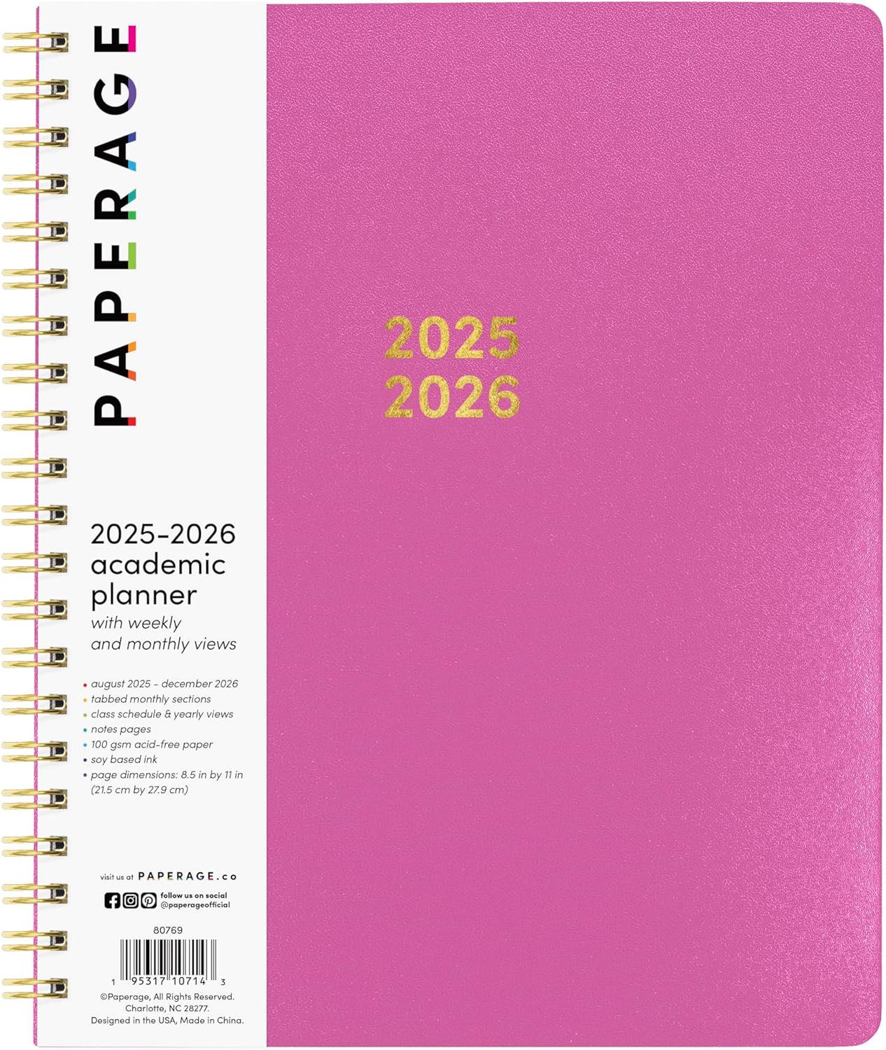 PAPERAGE 17 Month Academic Planner 2025-2026, Weekly & Monthly Spreads, August 2025 - December 2026, Large (8.5 in x 11 in), Raspberry