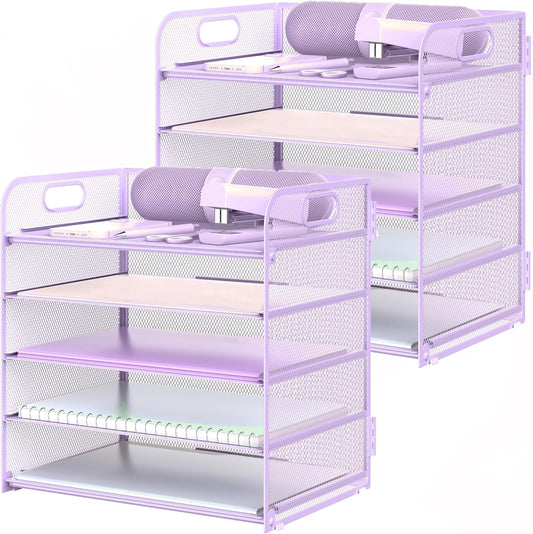 2 Pack Letter Tray Paper Organizer 5-Tier Desk Organizer File Organizer Paper Holder with Handle, Metal Desktop Document Shelf Tray Office Classroom Organization - Purple
