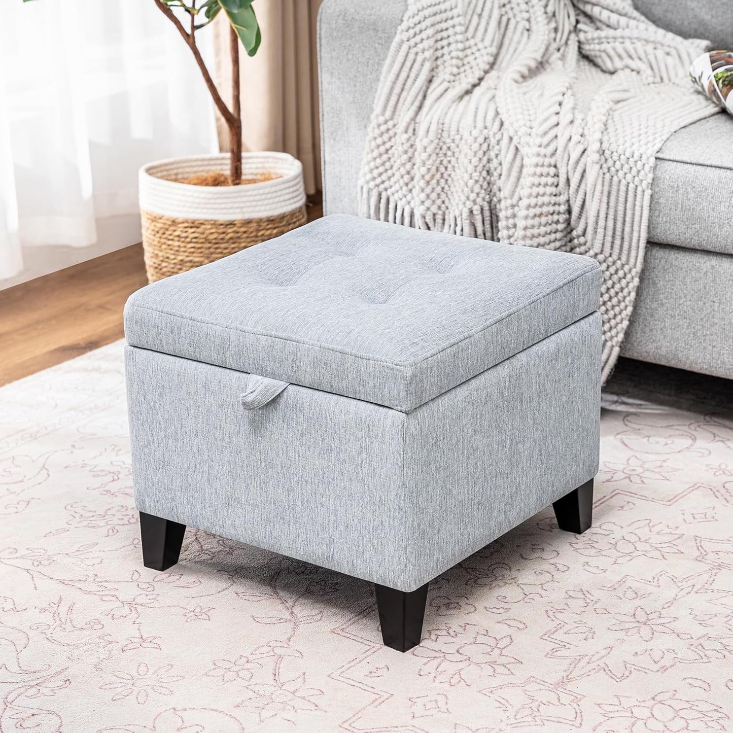 Adeco 18 Inch High Cube Ottoman Storage, Linen Chair Foot Stools, Upholstered Vanity Stool with Hinged Lid, Solid Wood Legs