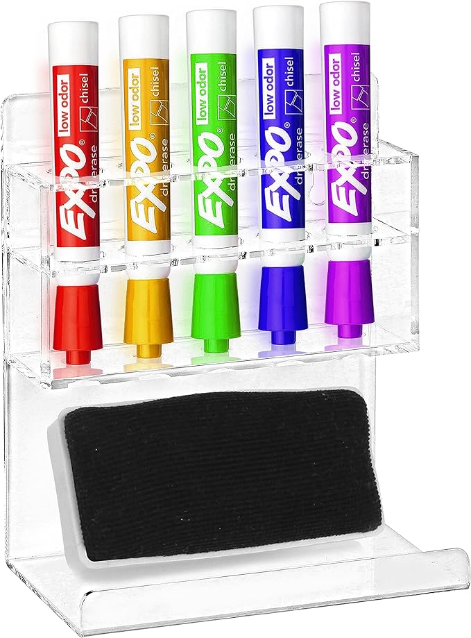 MyGift Wall Mounted Clear Acrylic Dry Erase Marker Holder Organizer for 5 Markers and Eraser, Hanging Whiteboard Accessories Rack for Office Home Dorm Classroom Meeting Room