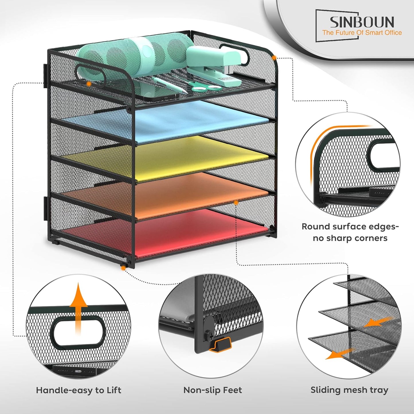 Letter Tray Paper Organizer 5-Tier Desk Organizer File Organizer Paper Holder with Handle, Metal Desktop Document Shelf Tray Office Classroom Organization - Black