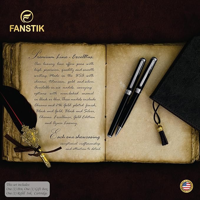 Black & Silver Luxury fountain pen (Made In USA) fancy gift set for women, Real 24K Gold Plating, Professional executive pen gift set for men (Lux fountain Black-Silver)