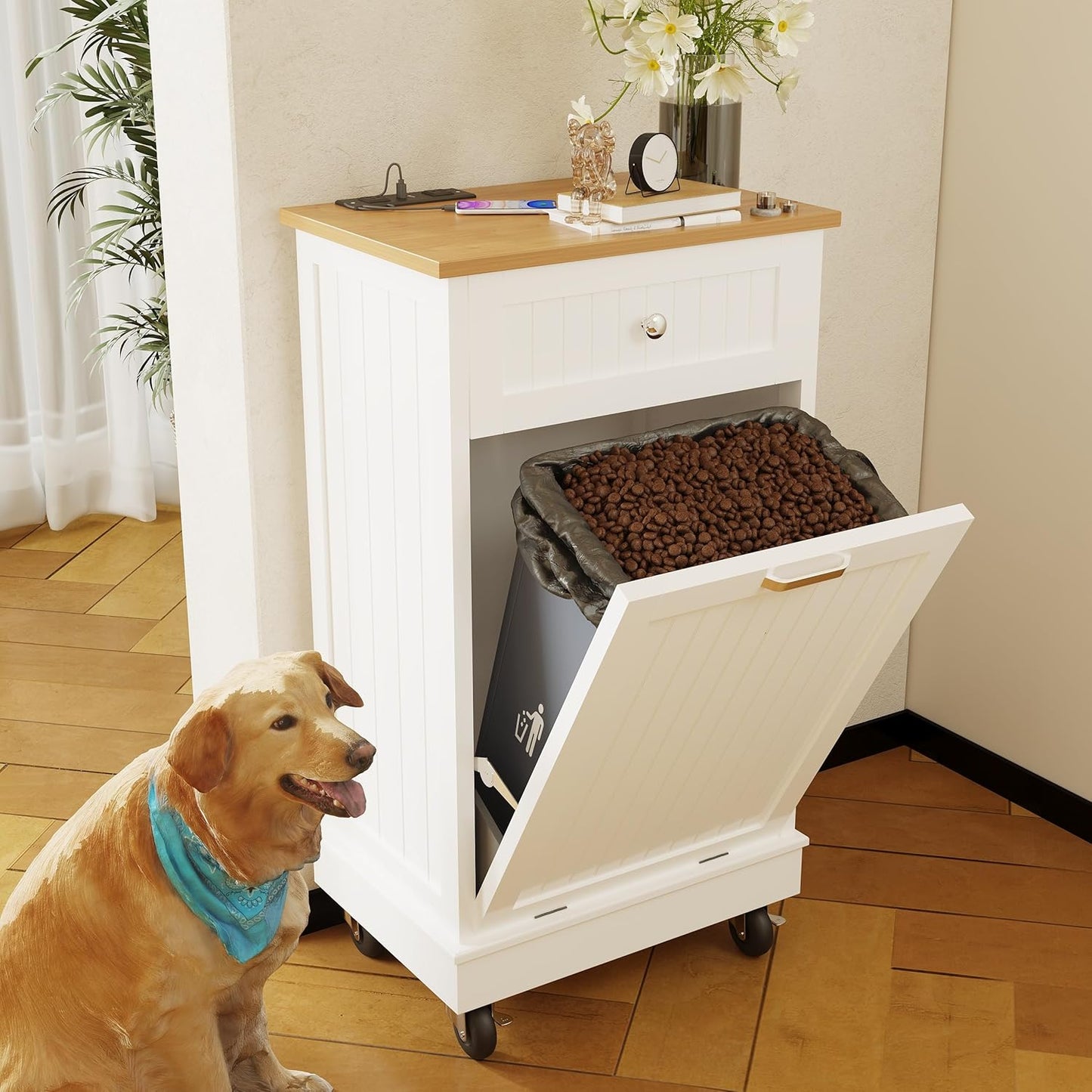 10 Gallon Tilt Out Trash Cabinet, Wooden Kitchen Trash Can Cabinet with Hideaway Drawer, Freestanding Laundry Hamper Garbage Recycling Cabinet on Wheels, Pet Proof, Single, White