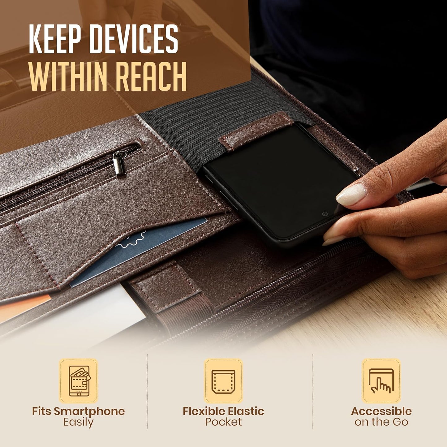 STYLIO Zipper Padfolio Portfolio Binder Organizer (Walnut Color) | Faux Leather Portfolio for Resume, Documents, Phone, Tablet, Business Supplies and Cards | Letter Sized Notepad Included | Brown