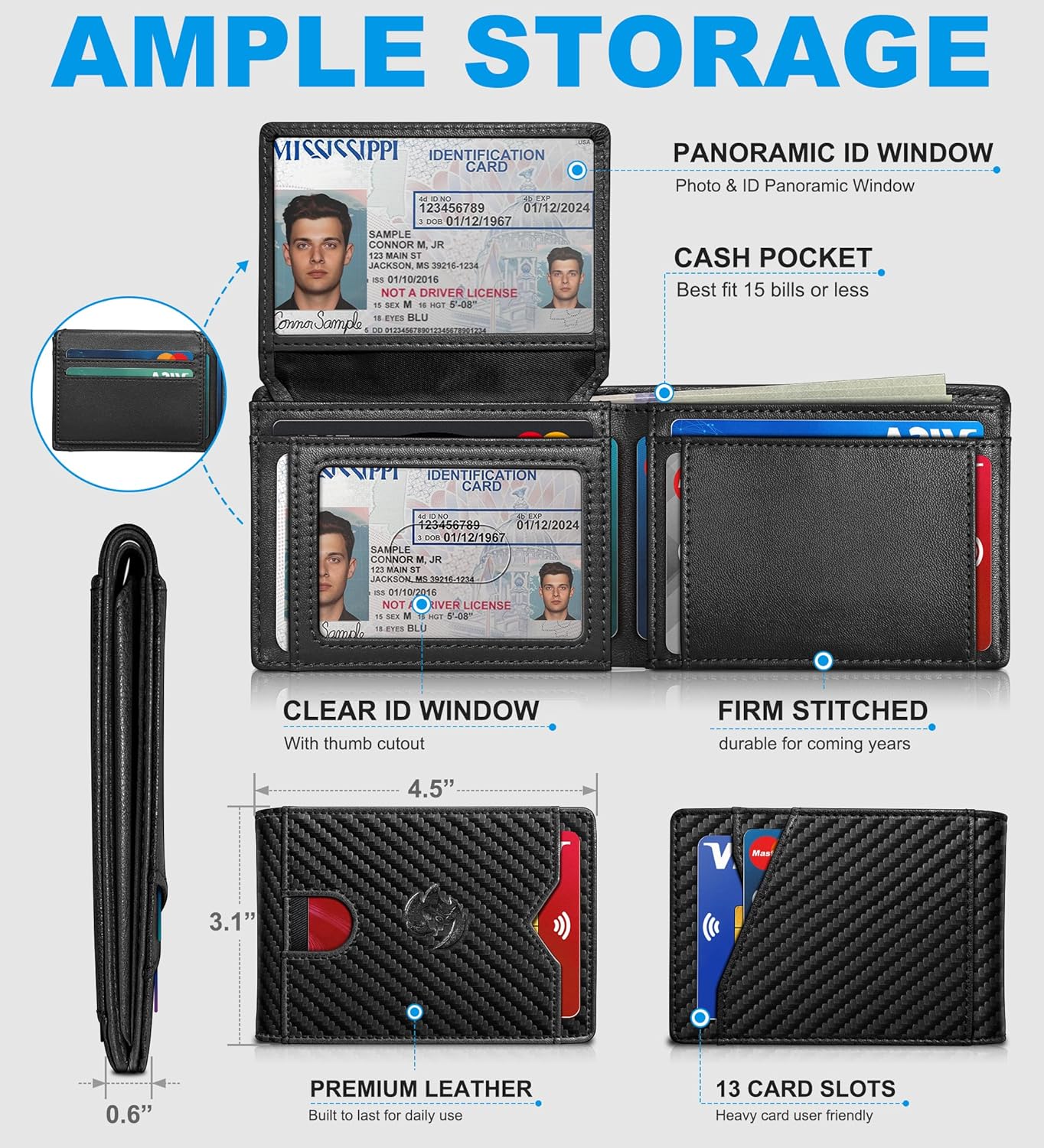 Wallet for Men Wallet with Cash Pocket 2 ID Window 13 Cards,Slim Leather Wallet Front Pocket Card Holder RFID Blocking with Gift Box