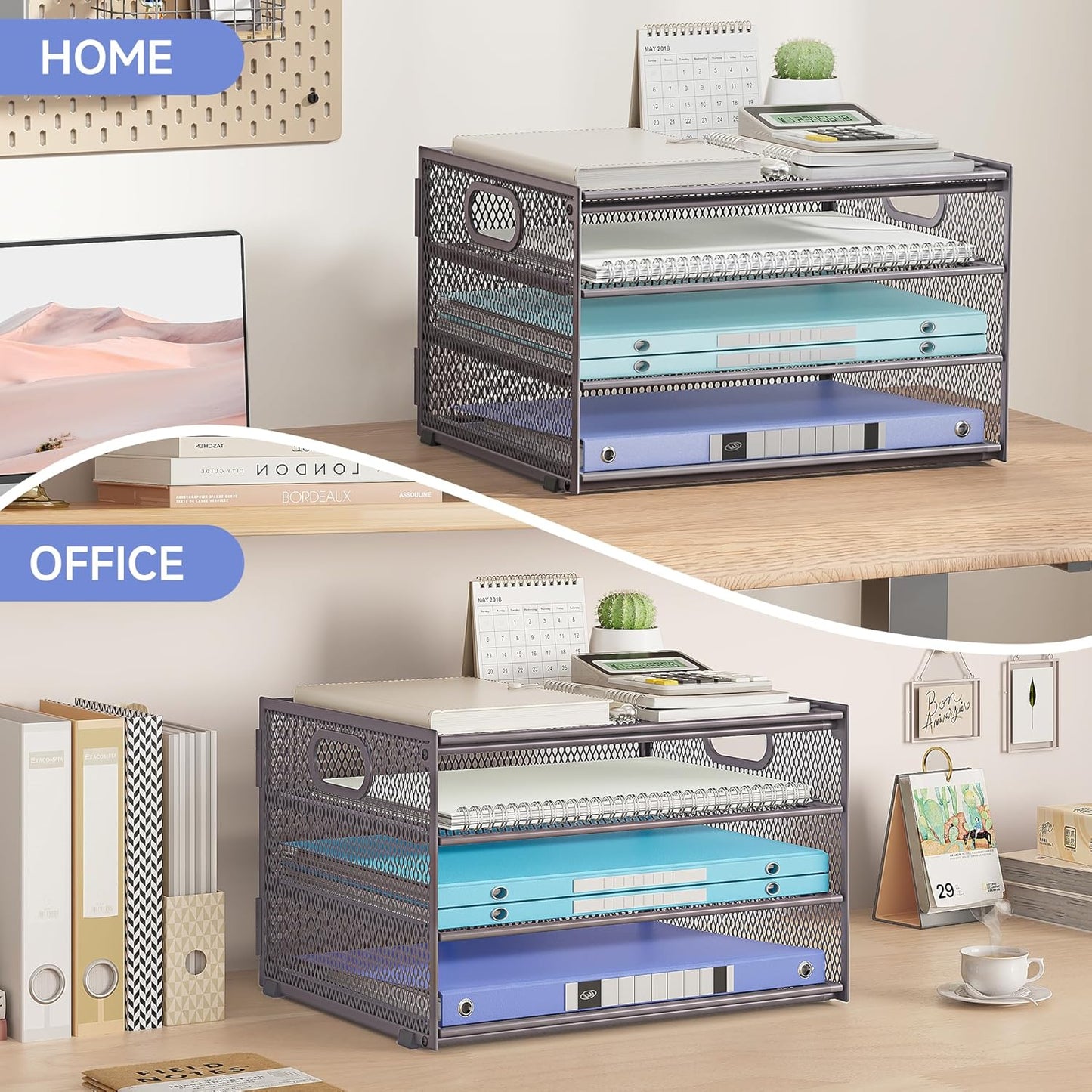 Subekyu Paper Letter Tray Organizer for Desk, Gray Metal Mesh Desk File Sorter Organizer with Handle and 2 Sliding Trays for Home Office School Supplies Organization